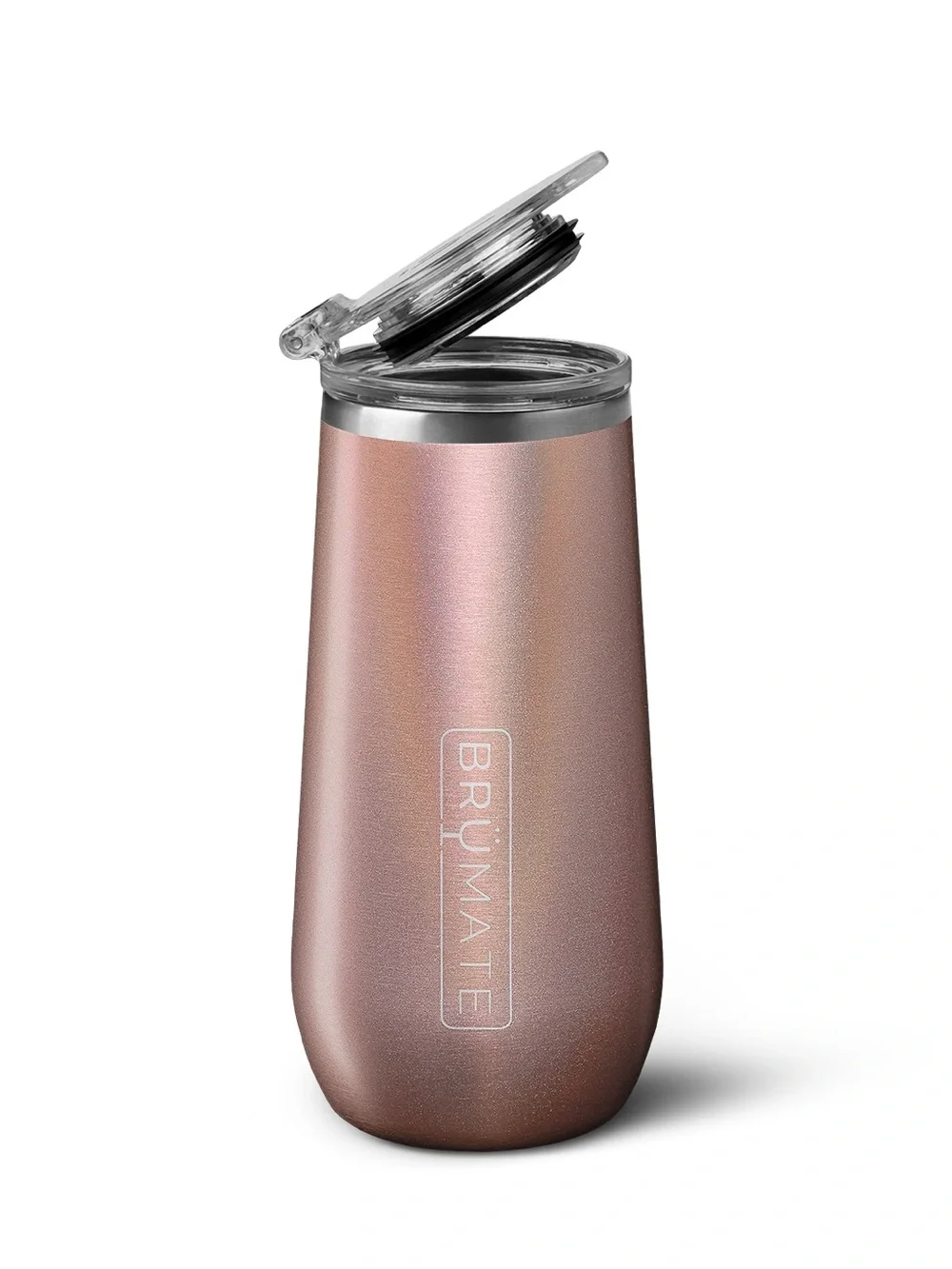 BrüMate Champagne Flute 12oz with Flip-Top Lid Glitter Rose Gold